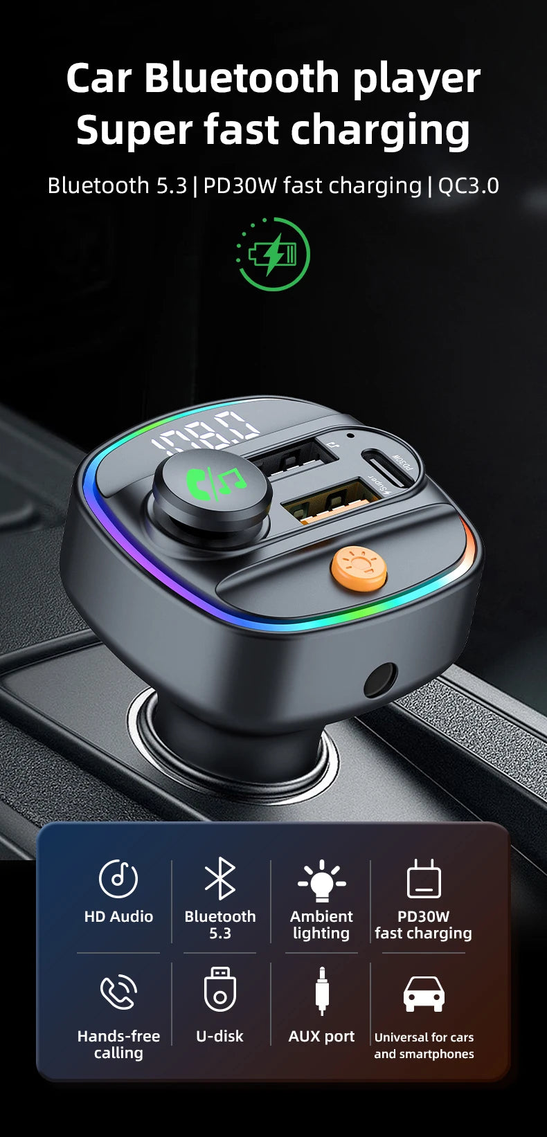 Bluetooth FM Transmitter Car Charger with USB & Fast Charging