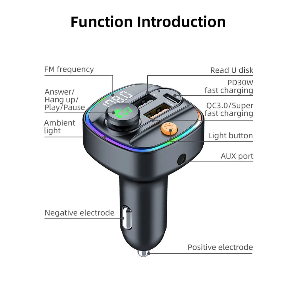 Bluetooth FM Transmitter Car Charger with USB & Fast Charging
